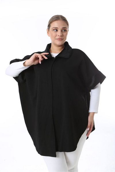 Şans Women's Large Size Black Steel Knitted Knitwear Poncho 65N38456