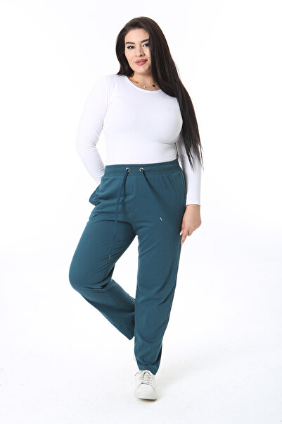 Şans Green Cotton Large Size Sweatpants - Eyelet and Lacing Detail 65N38470