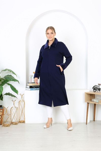 Şans Women's Large Size Navy Blue Steel Knit Knitwear Unlined Long Coat with Pockets 65N38455