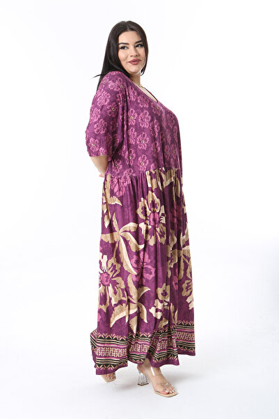 Şans Women's Large Size Colorful Relaxed Cut Bike Collar Patterned Dress 65N38475