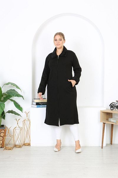 Şans Women's Large Size Black Steel Knit Knitwear Unlined Long Coat with Pockets 65N38455