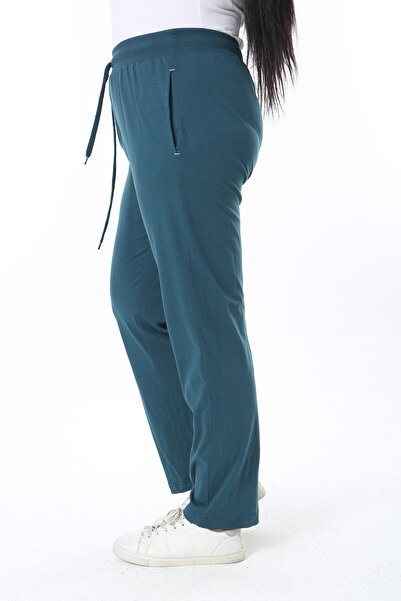 Şans Green Cotton Large Size Sweatpants - Eyelet and Lacing Detail 65N38470