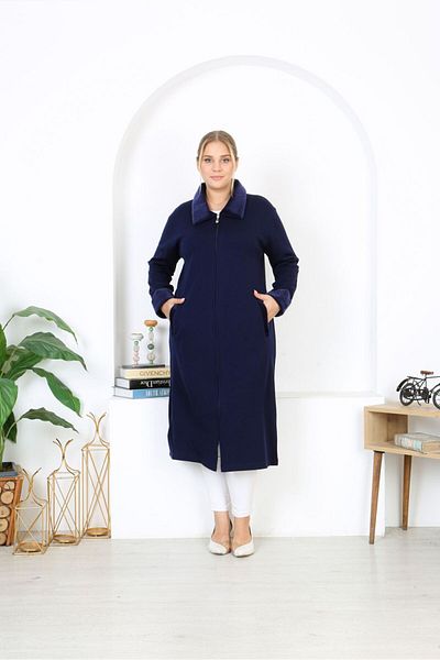 Şans Women's Large Size Navy Blue Steel Knit Knitwear Unlined Long Coat with Pockets 65N38455