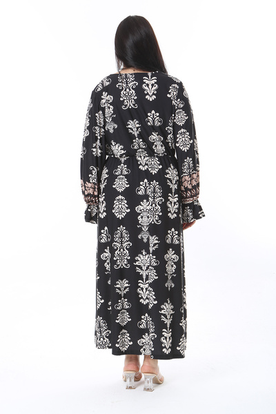 Şans Women's Plus Size Black Wraped Collar Waist and Sleeve Rubber Detailed Dress 65N38473