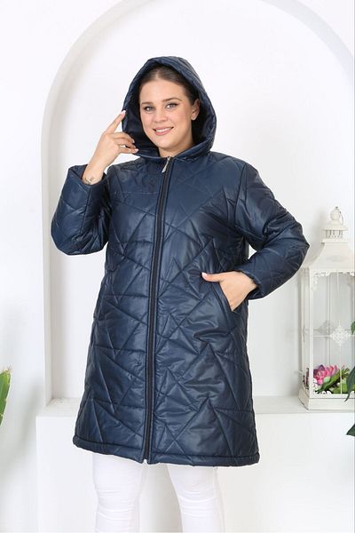 Şans Women's Large Size Navy Blue Hooded Quilted Coat with Fiber Lining 65N38452