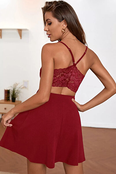 Everyone s Kadın Bordo Sırt Dekolteli Dantel Detaylı Şık Gecelik