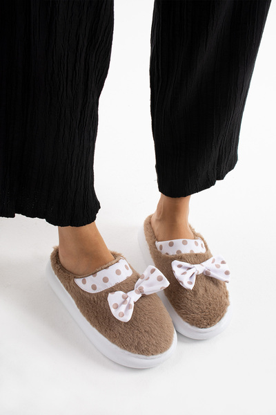 ALTUVATEKS Λούτρινες γυναικείες παντόφλες σπιτιού - Αδιάβροχη χοντρή σόλα με λεπτομέρεια προίκας και δέματος