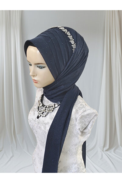 NurAy Açık Lacivert Aksesuarlı Hazır Şal Abiye Şal Hazır Türban