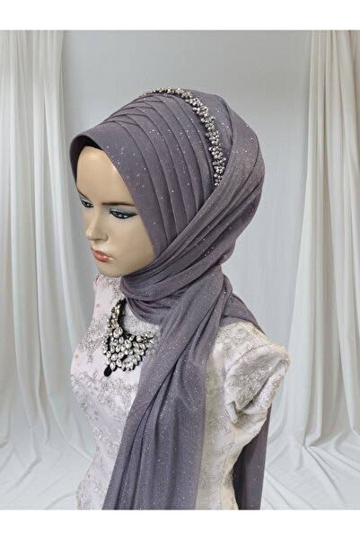 NurAy Simli Koyu Gri Aksesuarlı Hazır Şal Abiye Şal Hazır Türban