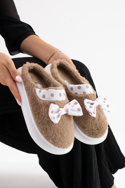 ALTUVATEKS Λούτρινες γυναικείες παντόφλες σπιτιού - Αδιάβροχη χοντρή σόλα με λεπτομέρεια προίκας και δέματος