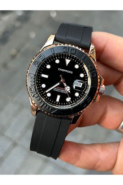 Choppers Black Silicone Band Gold Detail Sliding Seconds Dial Diver Men's Wristwatch - Stylish Design