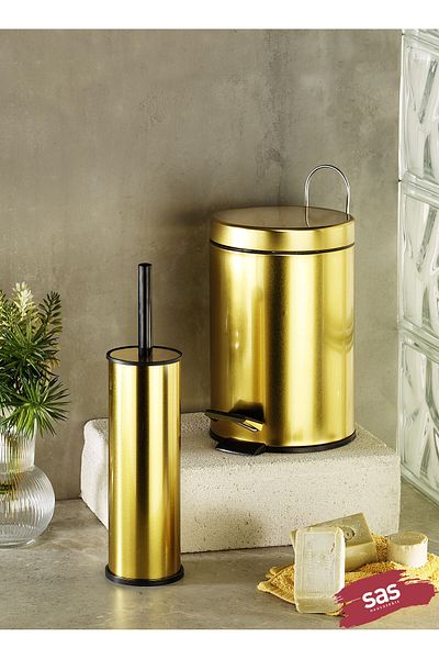 Sas Haus Πεντάλ Κάδος Απορριμμάτων Τουαλέτα WC Βούρτσα Μπάνιου Κάδος Απορριμμάτων 2 τεμαχίων Σετ Μπάνιου Χρυσό 5 λίτρων