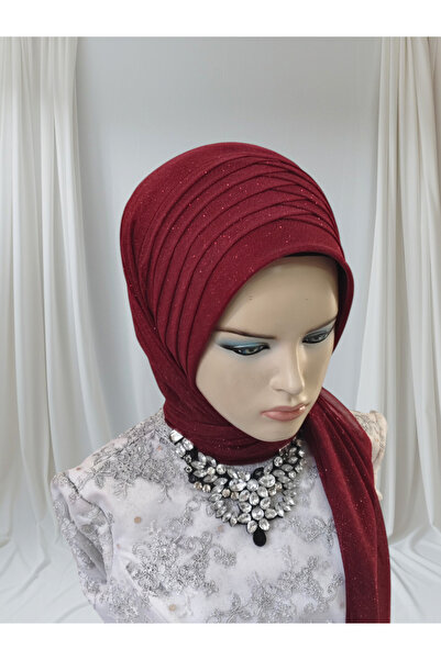 NurAy Bordo Simli Tektek Hazır Şal Hazır Türban Abiye Şal