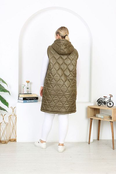 Şans Women's Large Size Khaki Hooded Long Vest with Quilted Pockets 65N38334
