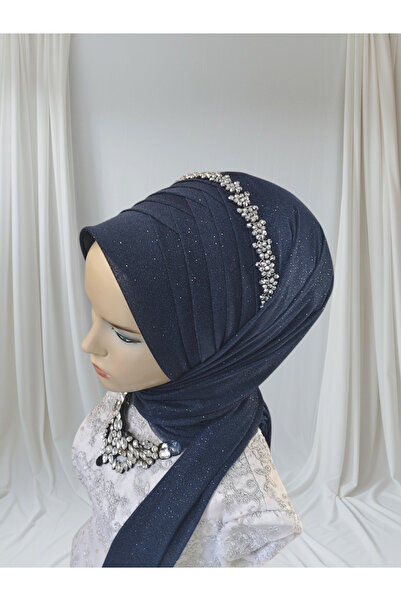 NurAy Açık Lacivert Aksesuarlı Hazır Şal Abiye Şal Hazır Türban