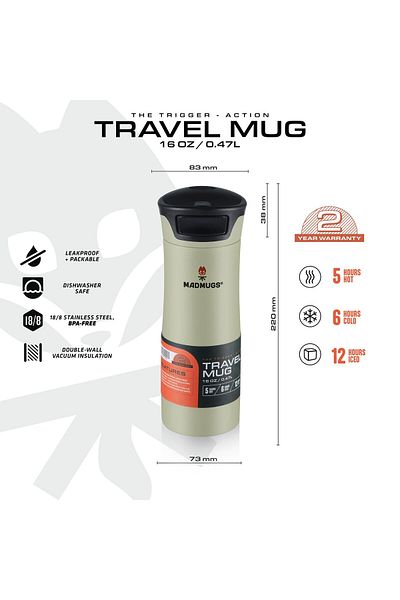 MADMUGS Green Travel Mug Thermos Cup - 0.47Lt