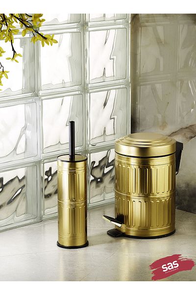 Sas Haus Πεντάλ Κάδος Απορριμμάτων Τουαλέτα WC Βούρτσα Μπάνιου Κάδος Απορριμμάτων 2 τεμαχίων Σετ Μπάνιου 5 λίτρων Gold Vintage