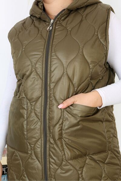 Şans Women's Large Size Khaki Hooded Long Vest with Quilted Pockets 65N38334