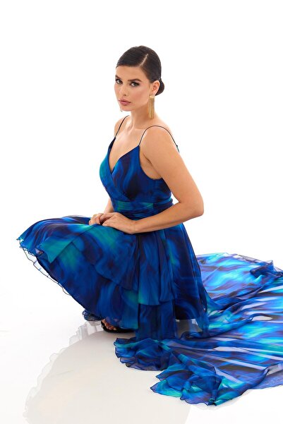 Carmen Saks Empirme Önü Kısa Askılı Uzun Abiye Elbise