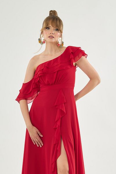 Carmen Red Chiffon Shoulder Flounce Slit Evening Dress