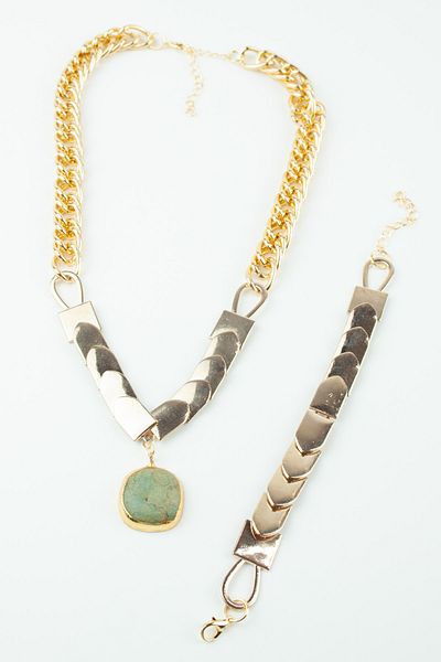 Pridza Green Agate Stone Gold Necklace Bracelet Set