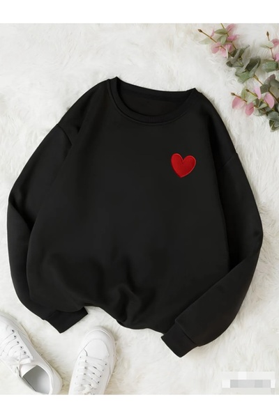 EXPECTED Γυναικείο μαύρο φούτερ με στάμπα καρδιάς, με λαιμόκοψη ποδηλάτου, υπ...