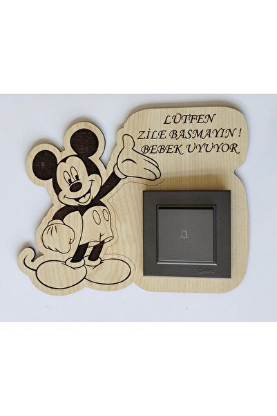 hayal tasarım Ahşap Sevimli Mickey Mouse | Lütfen Zile Basmayın Bebeğimiz Uyuyor | Yazılı Zil Priz Uyarı Süsü
