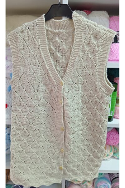 Müjde Tuhafiye El Örgüsü Krem Yelek