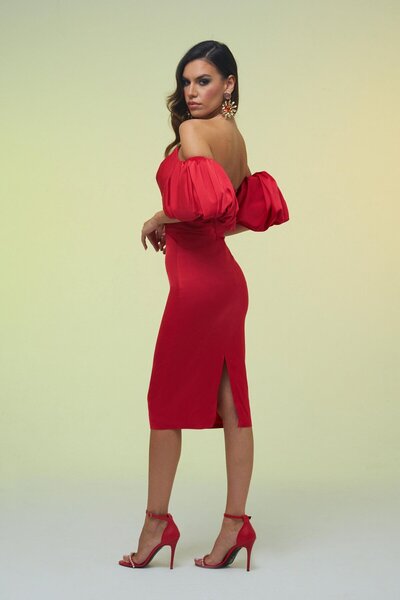 Carmen Kırmızı Saten Balon Kol Kısa Abiye Elbise