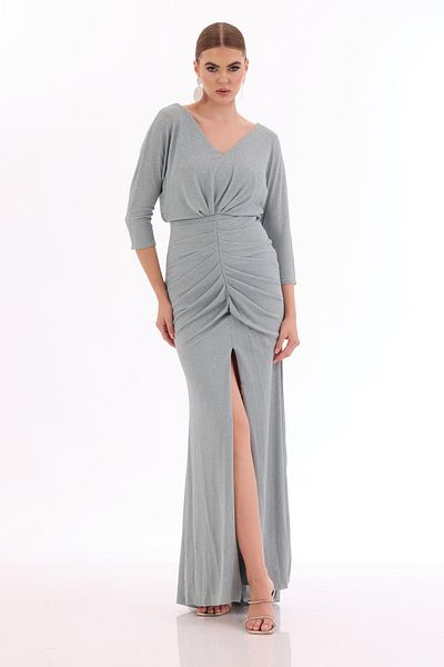 Simmore Rochie de seară lungă cu fantă argintie Çağla