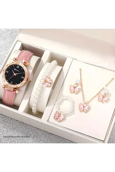 GlobalTrends Pink Butterfly Themed Jewelry and Clock Set
