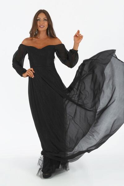 Carmen Siyah Simli Yaka Uzun Kollu Nişanlık