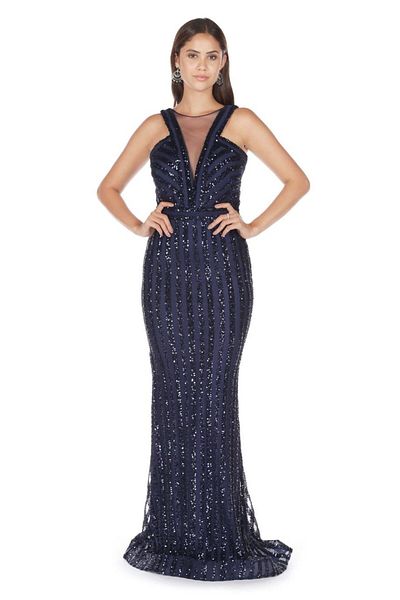 Carmen Marineblaues, gestreiftes, mit Pailletten besetztes Netz-Abendkleid