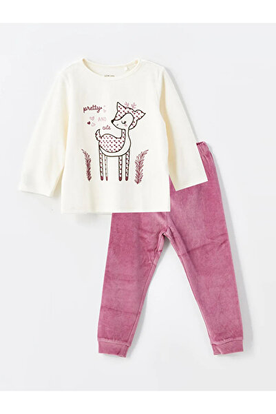 LC Waikiki Lcw Baby Cream Colored Crew Neck Printed Baby Girl Pajama Set