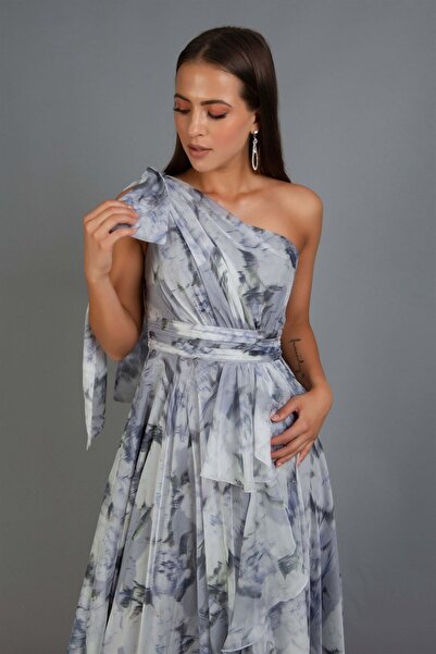 Carmen İndigo Empirme Tek Kol Yırtmaçlı Uzun Abiye Elbise