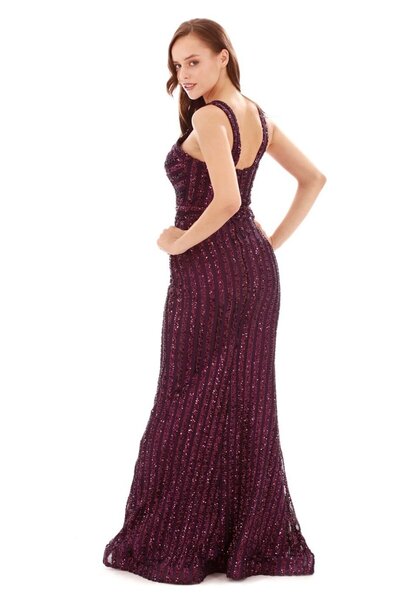 Carmen Švestkové pruhované flitrové večerní šaty