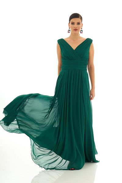 Pierre Cardin Rochie de seara lunga din sifon verde Carmen cu decolteu in V