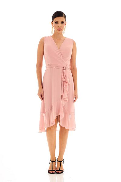 Carmen Short Evening Dress with Powder Chiffon Skirt and Flounces and Ribbons