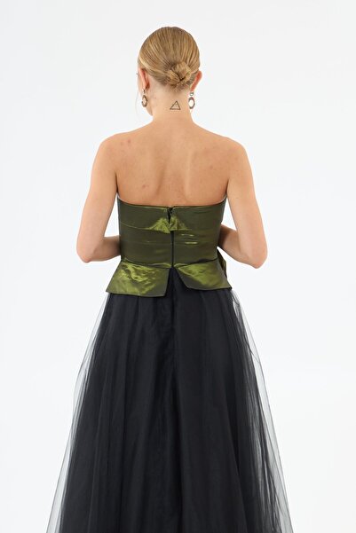 Carmen Yeşil Straplez Güllü Tafta Abiye Elbise