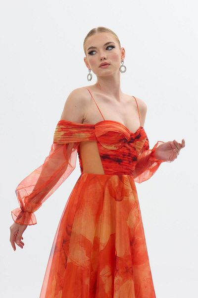 Carmen Orange Strap Printed Organza Evening Dress