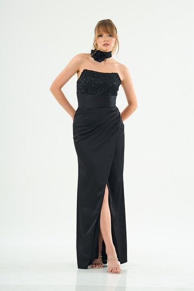 Carmen Satin Strapless Black Evening Dress - Slit Detail