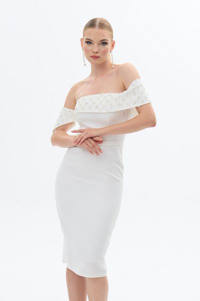 Carmen Rochie Ecru cu mâneci scurte Stone Crepe Promise