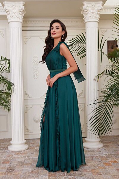 Carmen Zümrüt Şifon Tek Omuzlu Uzun Abiye Elbise