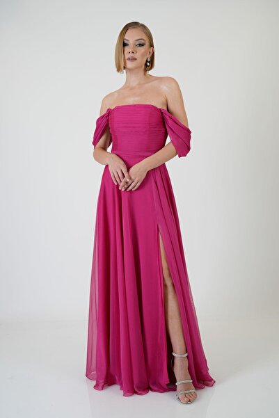 Carmen Fuşya Düşük Kollu Yırtmaçlı Şifon Abiye Elbise