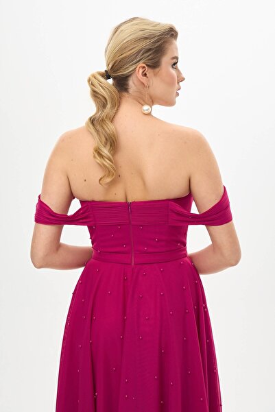 Carmen Fuşya İnci İşlemeli Şifon Söz Elbisesi