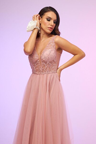 Carmen Pudra Tül Sırt Dekolteli Midi Söz Elbisesi