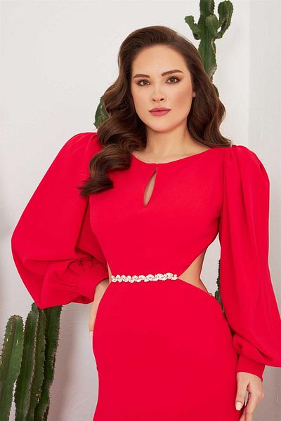 Carmen Coral Crepe Embroidered Balloon Sleeve Long Evening Dress