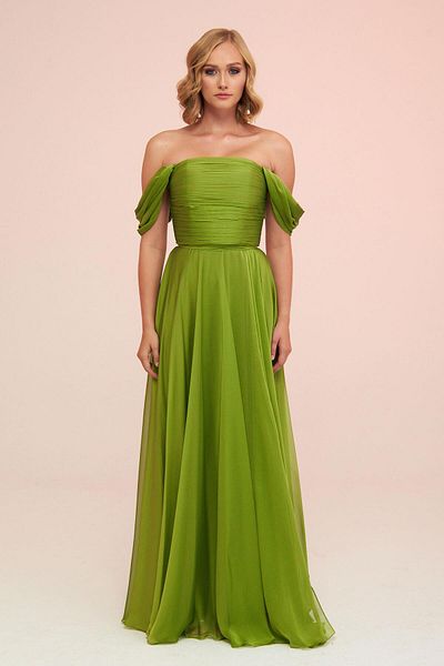 Carmen Pistachio Green Chiffon Low Sleeve Long Evening Dress