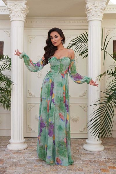 Carmen Green Printed Strap Balloon Sleeve Long Evening Dress