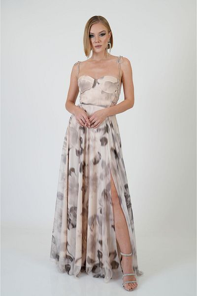 Carmen Black Printed Slit Long Evening Dress